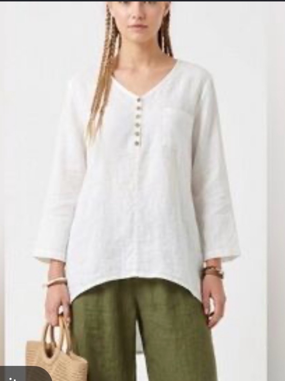White Linen Henley Pocket Tunic with Button Placket